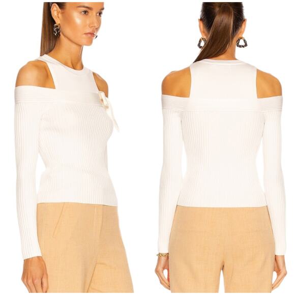 Jonathan Simkhai NWT Mandy Cut Out Cold Shoulder Ribbed Sweater Top White Size M - Picture 1 of 11